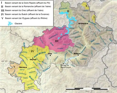 Carte des principaux cours d'eau des Hautes-Alpes.