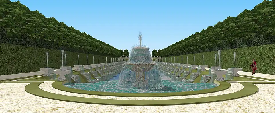 Vue restituée des Cascades de la Grotte du château du Val de Ruel, depuis le bout de la composition, XVIIe.