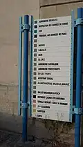 Panneau des différents services de l'ancienne caserne.