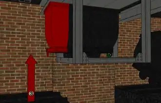 3. À la surface, Oscar Mauroy qui travaille avec le niveau 765 manœuvre sans plus se préoccuper du niveau 975. La cage à 975 est brusquement rappelée tandis que le wagonnet vide dépasse de 35&nbsp;cm. Le wagonnet plein à peine engagé retombe dans la galerie. agrandir