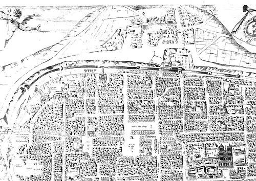 Le faubourg Cérès, hors l'enceinte avec l'église à côté de la croix.