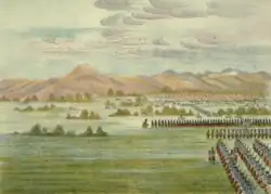 Colonne de l' « United States Dragoon Regiment » approchant un village comanche pendant la First Dragoon Expedition en 1834.