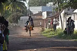 Photo en couleur montrant un homme sur un cheval au galop dans une rue en terre, des spectateurs le regarde