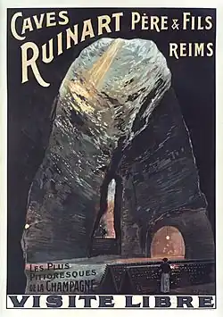 Affiche de Louis Tauzin (1914) montrant Les caves Ruinart de la rue des Crayères à Reims.