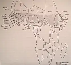carte de l'Afrqiue comportant une bande grisée courant du Sénégal à l'ouest à l'Éthiopie à l'est et correspondant à la zone où il pleut entre 300 et 1&nbsp;100&nbsp;mm d'eau par an soit la zone où sévissent les épidémies de méningites