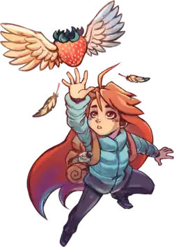 Une jeune fille rousse en tenue de montagne verte tente d'attraper une fraise avec des ailes.