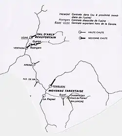 Carte en noir et blanc présentant de façon simplifiée la position des centrales