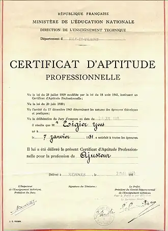 Image illustrative de l’article Certificat d'aptitude professionnelle
