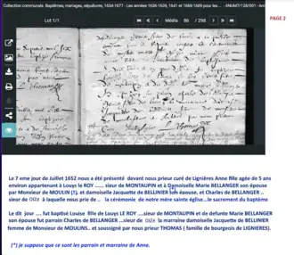 Certificat de baptême de Louise Le Roy avec retranscription