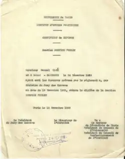 Certificat de diplôme de l’Institut d’études politiques (IEP) de Paris.