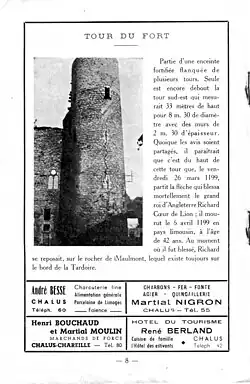 La tour Maulmont dans la revue du syndicat d'initiative de Châlus, première moitié du XXe&nbsp;siècle, avant l'effondrement de 1994.