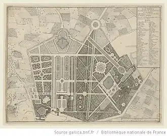 Plan général du château et de ses jardins vers 1725. Le nord (entrée vers Bagnolet) est en bas de la gravure.