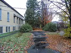 Une allée dans un jardin longeant un bâtiment. L'allée est partiellement recouverte de feuilles mortes.