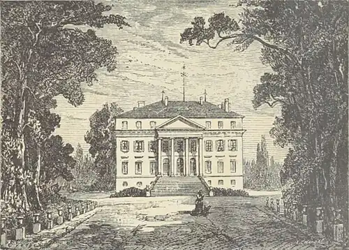 gravure en tons de gris montrant au bout d'une allée arborée une grande maison de trois étages, avec en façade une colonnade surmontée d'un fronton