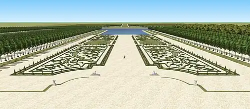 Restitution 3D de la grande perspective des jardins du château de Pontchartrain, début du XVIIIe&nbsp;siècle.