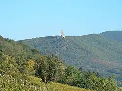 La crête des Vosges et le château de l'Ortenbourg à Scherwiller, au sud.