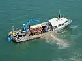 Un chaland mytilicole pendant l'opération de lavage des moules, vu du pont de l'Île de Ré.