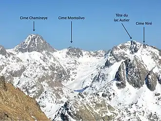 Cime Chamineye, cime Montolivo et cime Niré, vues depuis la pas du mont Colomb.