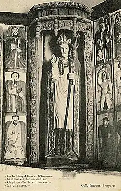 Hanvec ːancienne chapelle Saint-Conval, statue de saint Conval (carte postale).