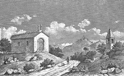 Chapelle Saint-Ulphar et son oratoire avec Fox-Amphoux en fond, dessin de Louis de Bresc (1883)