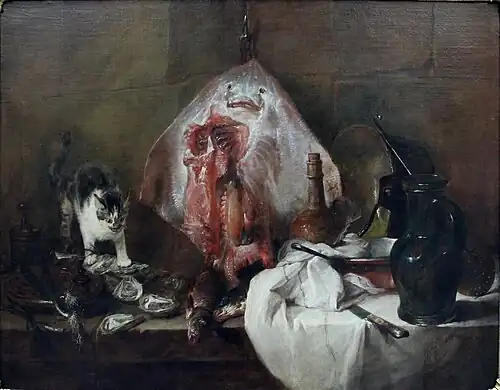 Jean Siméon Chardin, La Raie, 1728 (rendu naturaliste des matières, mates ou luisantes). Huile sur toile, 114&nbsp;×&nbsp;146&nbsp;cm. Paris, musée du Louvre.