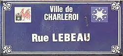 Plaque de la rue Lebeau dans la Ville Haute à Charleroi.