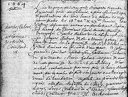 Acte de mariage entre Charles Aubert de la Chenaye et Catherine Gertrude Couillard. 6 février 1664. Paroisse Notre-Dame-de Québec de la ville de Québec.