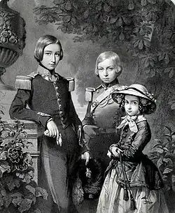gravure représentant les trois enfants du roi Léopold&nbsp;Ier : ses deux fils sont en uniforme
