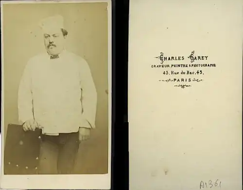 Un pâtissier, format CDV, avant 1870, recto et verso.