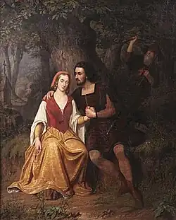 Peinture en couleurs représentant, assis au pied d'un arbre, un couple vêtu d'habits médiévaux, se tenant la main ; tandis que l'homme l’enlace, en la regardant, sa compagne baisse les yeux. Derrière eux, à droite, figure la silhouette d'un homme âgé soulevant une branche pour découvrir la scène.