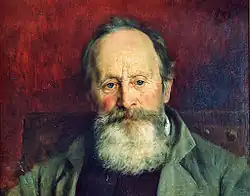 Peinture en couleur, portrait de face d'un homme âgé avec une calvitie dégarnissant le front et une barbe fournie grise et blanche.