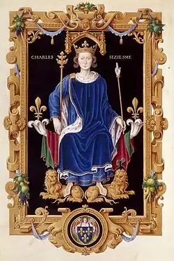 Sacre de Charles VI le Fou tenant dans la main gauche la Main de Justice.