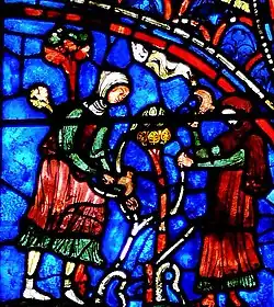 Deux vignerons taillent les vignes - Vitrail de la Vierge (baie 28b).