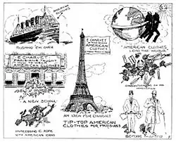 Dessinhumoristique représentant la conquête des clients de Charvet par les costumes américains.