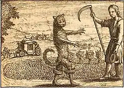 Gravure de 1697 représentant un chat debout et sortant les griffes.