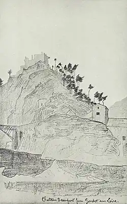 Dessin d'une colline avec château et arbres