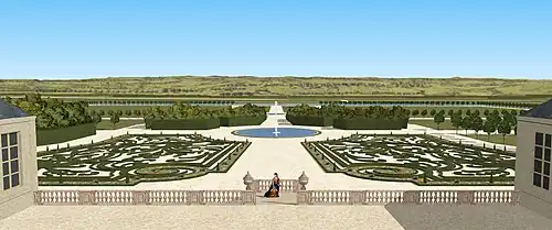 Restitution de la vue sur le jardin du château de Frémont, depuis le balcon central du premier étage, vers 1700.