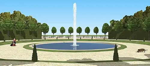 Restitution du bassin rond du côté de l'entrée, jardin bas du château de Saint-Cloud, vers 1690.