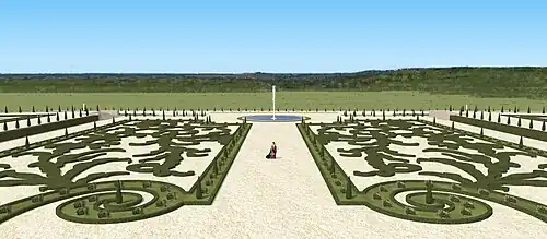 Restitution du grand parterre du château de Sceaux, depuis le premier étage, au temps de Colbert, 1683.