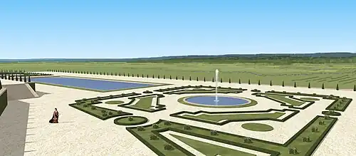 Restitution de la vue sur le petit parterre nord des jardins du château de Sceaux au temps de Colbert, vers 1680.
