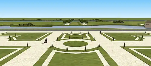 Restitution de la vue depuis le premier étage du château de Villennes, axe latéral, début du XVIIIe siècle