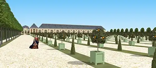 Restitution de la vue sur l'Orangerie de Saint-Mandé, depuis l'allée du pavillon sud, vers 1660.