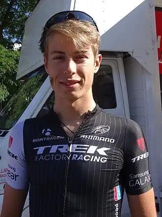 Alex Kirsch, stagiaire chez Trek Factory Racing, lors du départ du Grand Prix de Wallonie 2014 à Chaudfontaine.