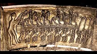 Chaudron de Gundestrup, plaque 2. "Les Gaulois, une expo renversante", 2012, galvanoplastie de Bibracte.