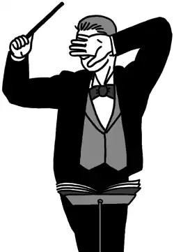 Dessin. Un chef d'orchestre dirige en se protégeant le visage.