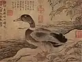 Canard au bord du torrent, Chen Lin, encre sur papier, rouleau vertical, 35,7&nbsp;×&nbsp;47,5&nbsp;cm. National Palace Museum, Taipei.