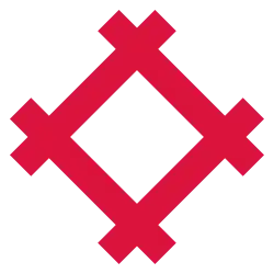  Emblème de Laurence Myers en forme de diamant rouge cerise.