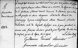 Acte de baptême de François Marie Thomas Verneuil de Lorimier. 27 décembre 1803. Paroisse Saint-Cuthbert de la ville de Saint-Cuthbert.