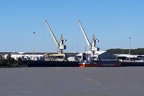 Terminal de Cheviré Amont, bateau à bois en escale.
