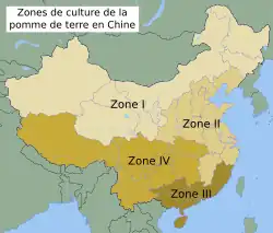 Carte de la république populaire de Chine illustrant les quatre zones de culture de la pomme de terre.